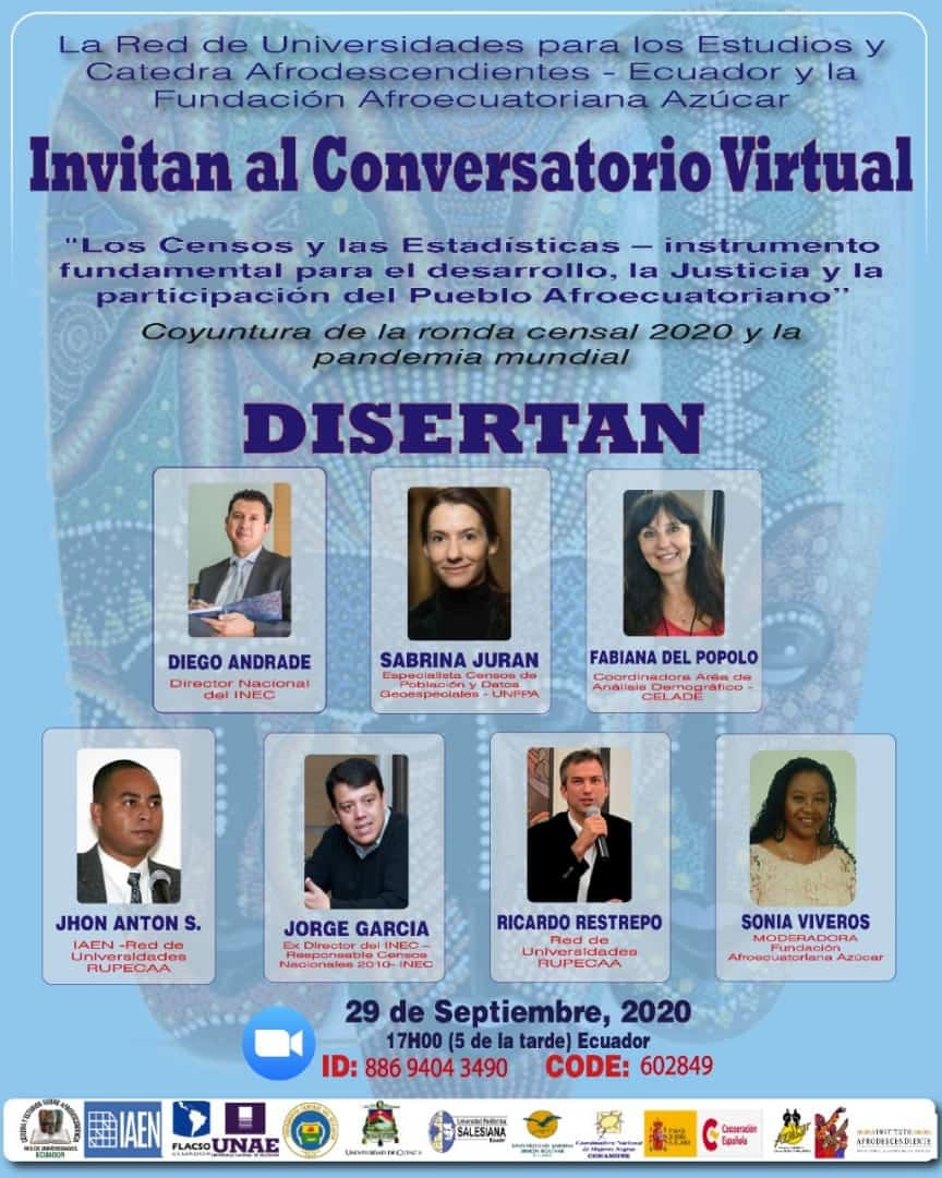 Buenas noches para tod@s.  
Las estadísticas y censos son parte de la agenda Afrodescendiente y me permito recordar e invitar al conversatorio sobre el  CENSO en Ecuador del día martes 29 de septiembre, a las 5pm.  Debemos trabajar para la ronda censal 2020.