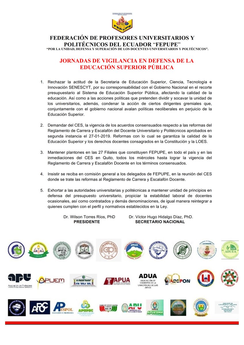 La FEDERACIÓN DE PROFESORES UNIVERSITARIOS Y POLITÉCNICOS DEL ECUADOR (<a href="/FEPUPE_ec/">FEPUPEcuador</a>) seguimos manteniendo JORNADAS DE VIGILANCIA en defensa de la Educación Superior Pública.
<a href="/EduSuperiorEc/">Viceministerio de Educación Superior</a> <a href="/ces_ec/">CES</a> <a href="/Lenin/">Lenín Moreno</a> <a href="/RichardM_A/">Richard Martínez</a> <a href="/ASESEC1/">Asamblea del Sistema de Educación Superior</a> <a href="/Caces_Ec/">CACES</a> <a href="/FinanzasEc/">Economía Finanzas Ec</a> <a href="/EcAdepon/">adepon_ec</a> <a href="/fapuc2015/">FAPUC</a> @uta_apua
