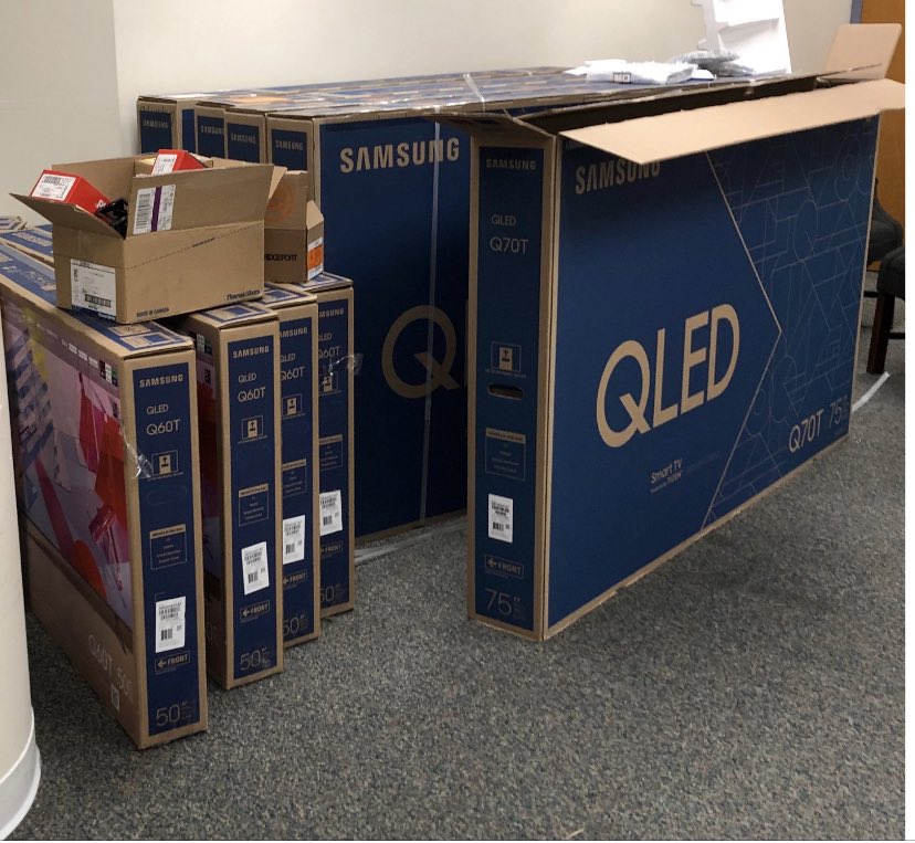 Well this tops the frivolous spending ——SO FAR. Here are 4 of the 75” Big screen televisions and 5 of the 50” big screen TVs that  @WesleyBell4STL bought with taxpayer money!! This was CARES Act money. Some of these are going in the hallways of the PA’s office.  #AltonBell