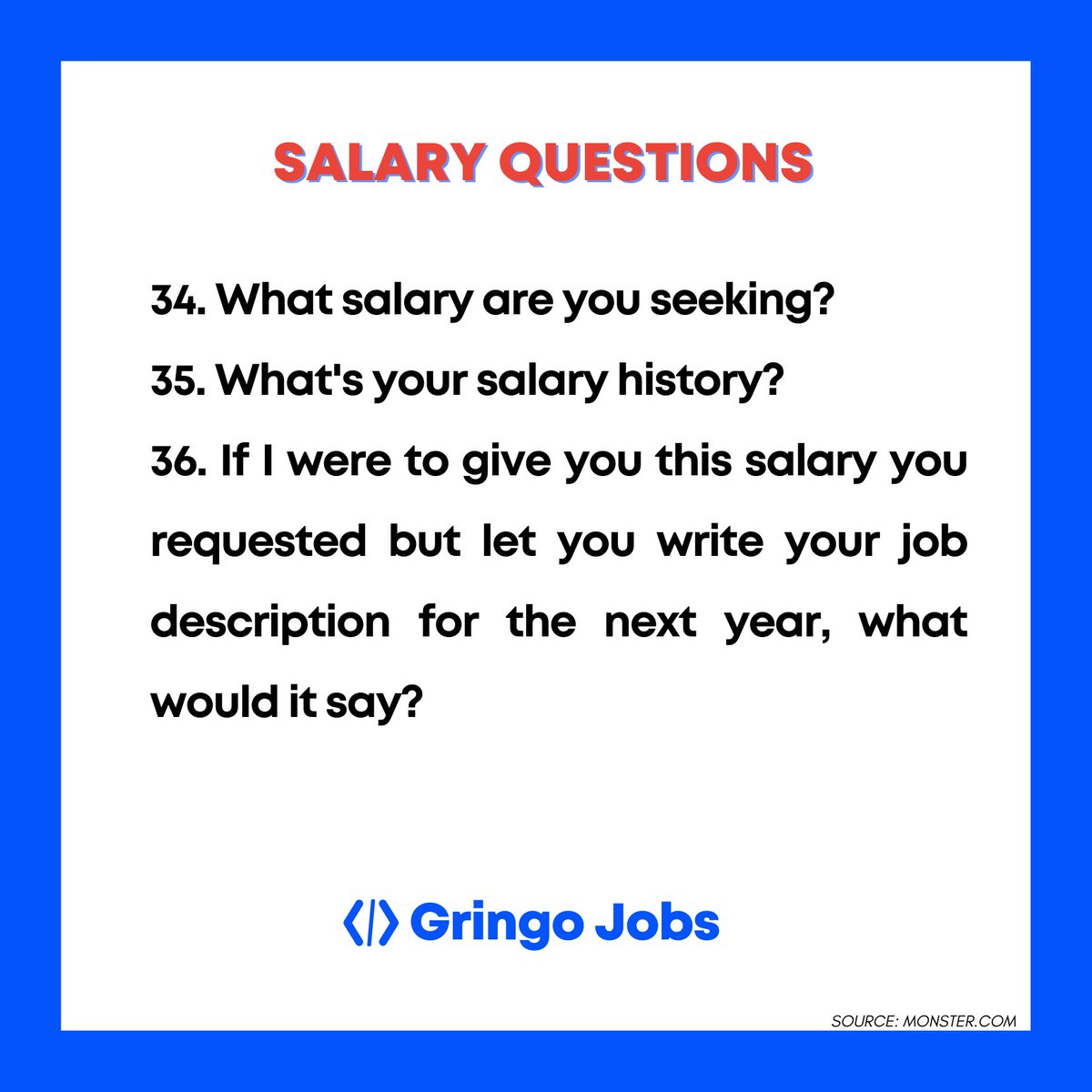 SALARY QUESTIONS: the tricky onesContestar mal o hablar de $ muy early podría eliminarte del proceso.En el Newsletter compartiremos consejos para contestar estratégicamente (con empresas IT) y que el proceso juegue a tu favor. Subscribe aquí:  https://gringojobs.substack.com/&nbsp;