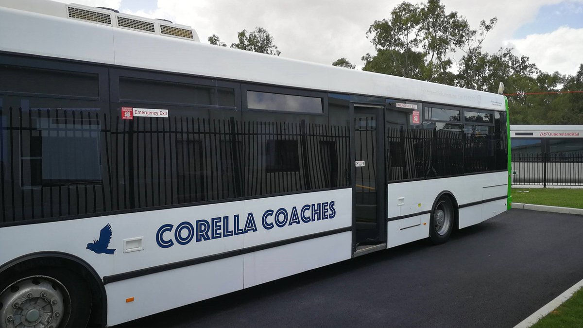 Translink_QLD's tweet photo. Corella Coaches?🤨 You won't see this bus on the network—it'll service a simulated town centre, Corella, at the new Bob Atkinson Operational Capability Centre!

#CabooltureBusLines donated the bus which will be used in training exercises by @qldpolice &amp; #SeniorNetworkOfficers.🚌 https://t.co/ikDFjRWLWR