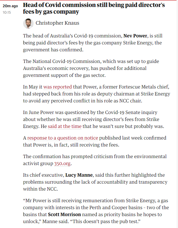 350Australia's tweet photo. THIS JUST IN: Nev Power (the PM's handpicked advisor on economic recovery) is still receiving director's fees for Strike Energy - a company with a stake in 2 key gas basins proposed by the NCCC #FossilFuelWatch @GuardianAus https://t.co/FMZ2WCJbVZ