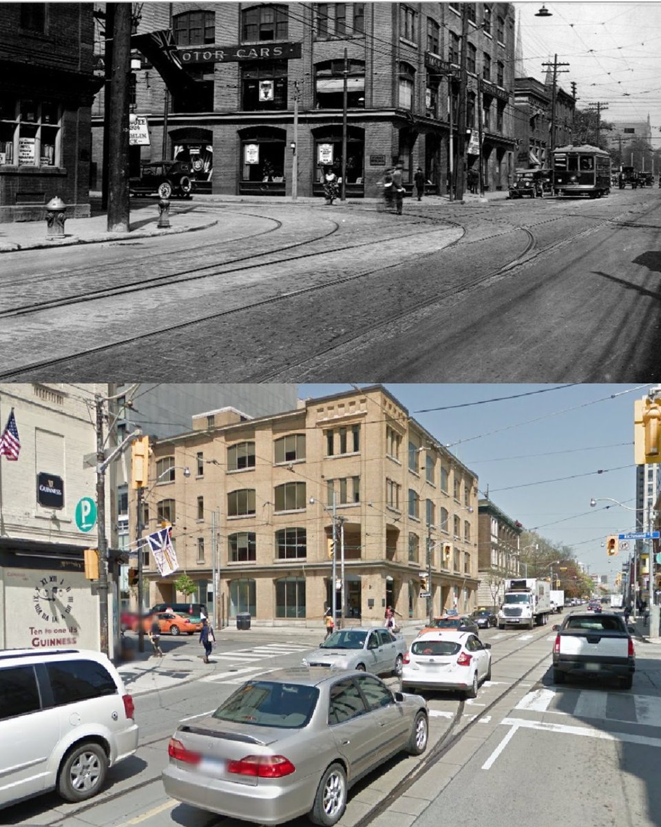 TorontoPast's tweet photo. Toronto Past and Present: 1923 vs 2019 - Church and Richmond n/w corner. Good to see this great warehouse still standing. 
(Toronto Archives ). In fact all 4 corners are anchored by original period buildings. The Wild Wing at the n/e corner was just covered in a reno. https://t.co/c6fkGTez75