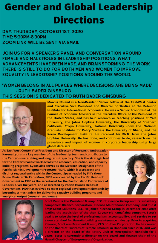 on_ws_studies's tweet photo. Aloha WS Community! You are invited to join the following event, "Gender and Global Leadership Directions", hosted by the International Woman’s Group at EWCPA this Thursday, October 1st: https://t.co/epSO9Q86GZ