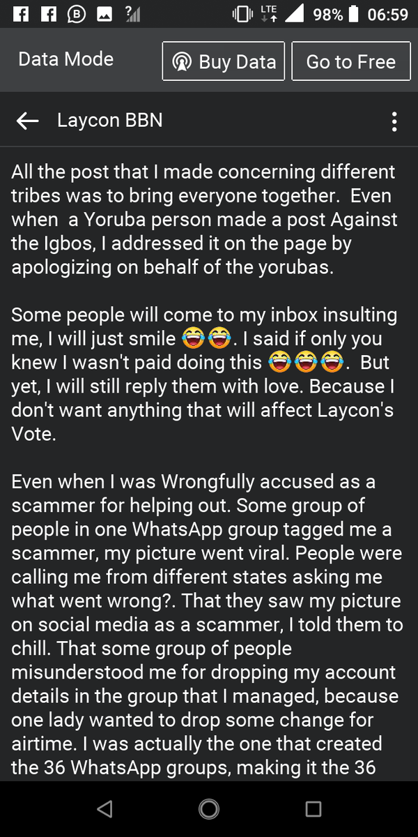  #WhereIsLaycon  @2muchAkanni so I read the  @itsLaycon  Facebook page was ran by this guy and he didn't know him personally and he did it for free, The guy raised that page from 0 to 130k followers and updated Facebook icons everytime. Laycon is loved Mehn I'm shocked.  #BBNaija