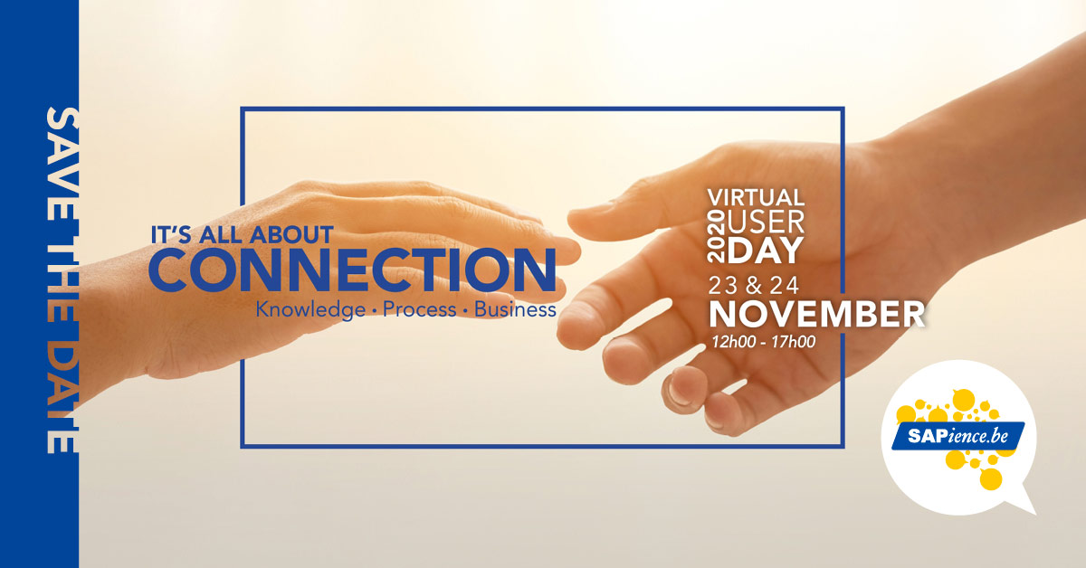 As a Speaker, Attendee or Partner Sponsor, SAPience invites you to SAVE THE DATE for the Virtual UserDay 2020 Event! 

IT'S ALL ABOUT CONNECTION - Knowledge - Process - Business as key areas in the Virtual World of today .

#virtualuserday #connection #SAP #digitaltransformation