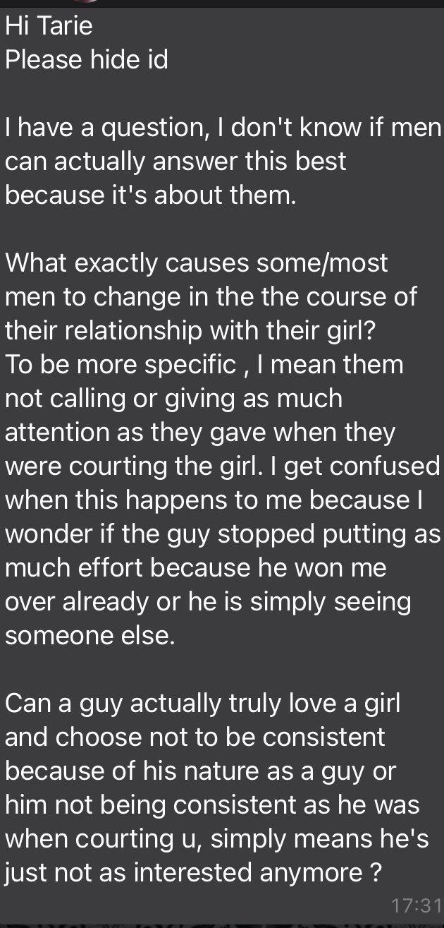 Ask Tari She Wants To Know What It Means When A Guy Appears To Lose Interest Or Stops Making As Much Effort As They Used To When They Start Dating