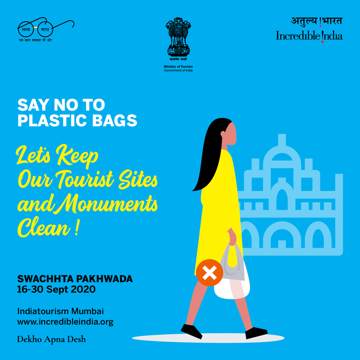 IndiatourismM's tweet photo. Avoid plastic bags and reduce waste. Avoid littering and use the dustbins to #keepmonumentsclean clean. Join #swacchtapakhwada to #cleantouristsites. #swacchbharat #incredibleindia @PIBMumbai @incredibleindia @tourismgoi https://t.co/ThKFzcBJ6N