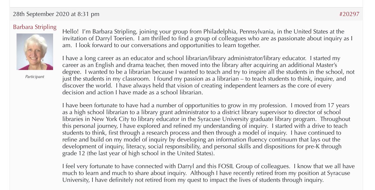 TheFosilGroup's tweet photo. Delighted that @barbstripling has joined the #FOSIL Group. #FOSIL - Framework Of Skills for #InquiryLearning - is based on the #ESIFC. As the originator of the model of #inquiry & framework of #inquirylearning skills (2009, 2019) that #FOSIL is based on, hugely enlarged horizons! https://t.co/hVvxcaIJMZ