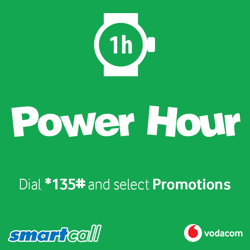 SmartcallVSP2's tweet photo. We offer weekly Vodacom Power Hour for only R8! Prepaid customers can purchase this offer by dialing *135*789##. Buy Now and get an hour to catch with your family and friends.

Talk more 4 Less with Smartcall. T&amp;C’apply #RechargeWithSmartload https://t.co/auJnIOznOr