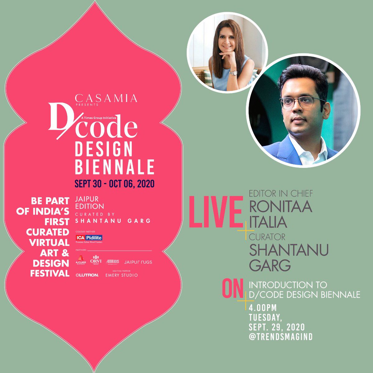 Giving us a glimpse into India’s first virtual art & design festival are Editor-in-Chief Ronitaa Italia and curator Shantanu Garg in a fun engaging live chat.
Catch them live today at 4pm only at @trendsmagind Instagram https://t.co/K2u9KAsbFN