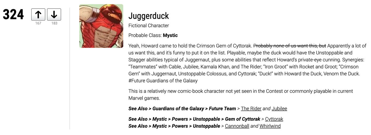 MYSTIC MONDAY
Parting Shot: Mailbag

Ok yes also JUGGERDUCK. A member of Cable's Future Guardians of the Galaxy, he's Howard empowered by Cyttorak. Formerly top 50-ish, but he's languishing in the mid-300s ranks now at #324.

Want? Vote! ranker.com/list/mcoc-wish…