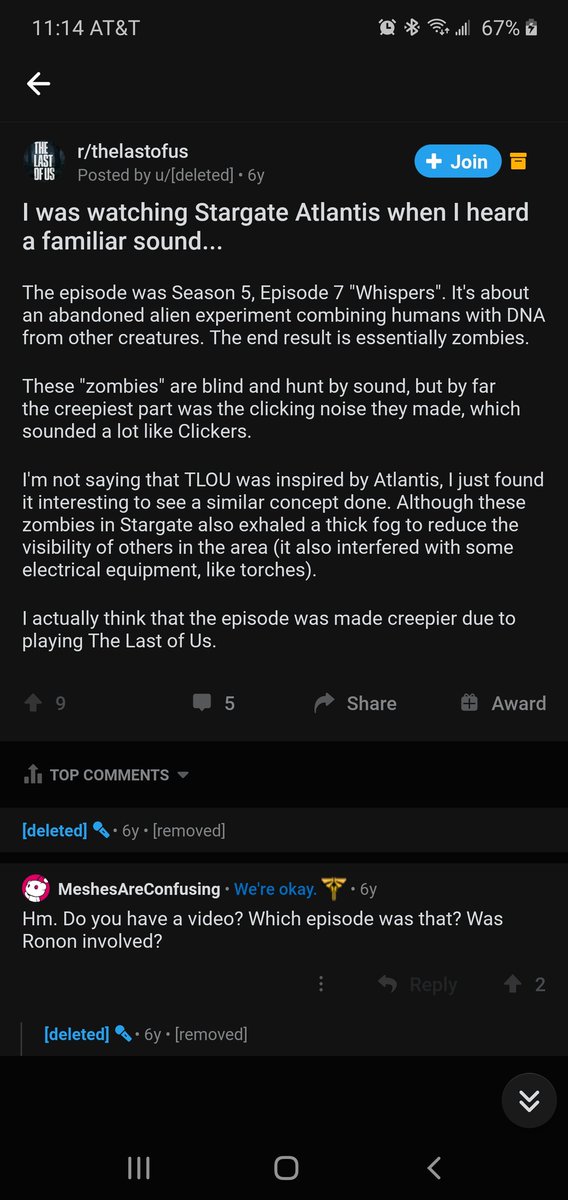 GamerTangled's tweet image. Having played The Last Of Us (pt 1) watching Stargate Atlantis s05e07 is scary as hell!!!  These characters sound and move around like clickers!!!   Which came first?  Either way goosebumps and probably a poor choice of viewing before bed...