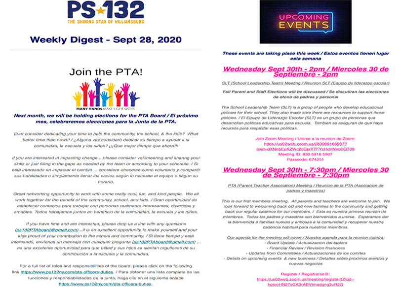 PS132PTA's tweet photo. Sept 30, 2 events for your consideration /
30 de septiembre, hay 2 eventos para su consideración

SLT meeting at 2pm / Reunión del SLT a las 2 pm

PTA meeting at 7:30pm / Reunión de la PTA a las 7:30 pm https://t.co/day0FOSFg0