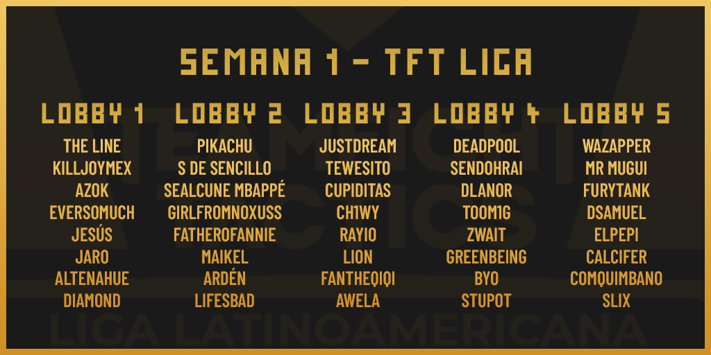 TFTLiga's tweet photo. De esta manera quedan los enfrentamientos de la semana 1 de la #TFTLiga
Recuerda estar atento el 5 y 6 de octubre a las 8:00 PM GMT-5 https://t.co/bQS82fcxRP
