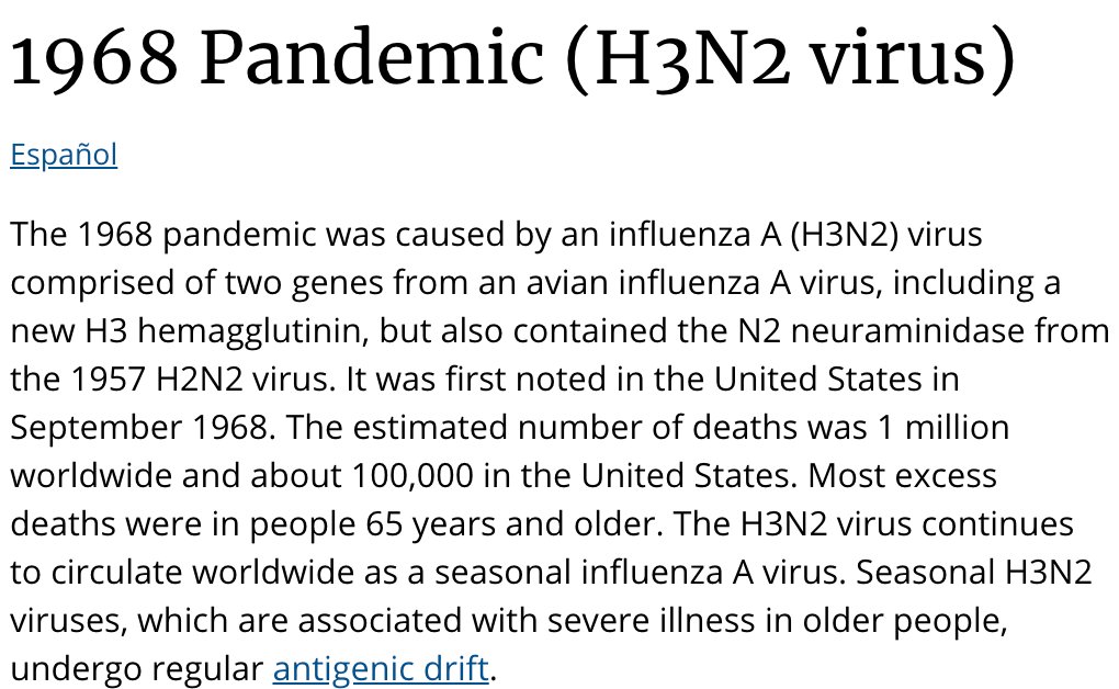 3. The  #Covid19 pandemic, which is nowhere near over, has killed at least as many people was the 1968 H3N2 pandemic, estimated to have killed 1M people around the world & 100,000 Americans. (Covid has already doubled that figure.)  https://www.cdc.gov/flu/pandemic-resources/1968-pandemic.html