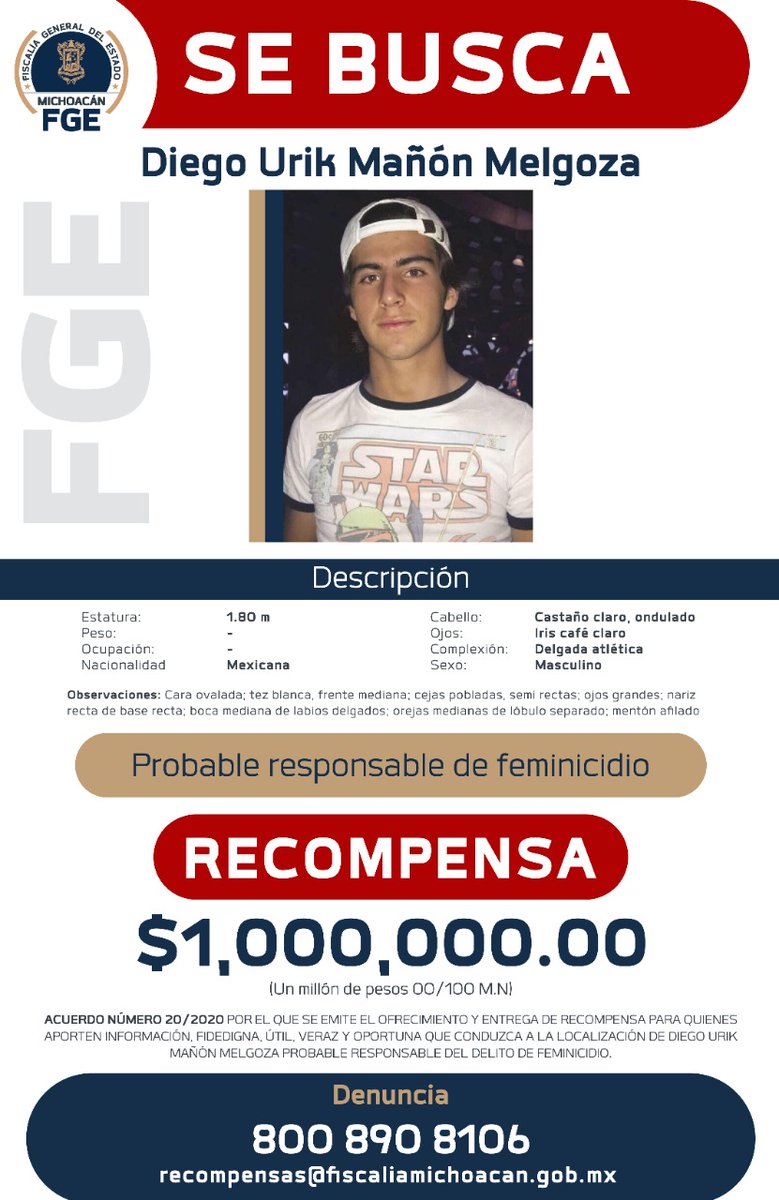 Emite #FGEMich Acuerdo de Ofrecimiento de Recompensa para quien aporte información que lleve a la detención de Diego Urik Mañón Melgoza ➡️ bit.ly/3jdzm4f