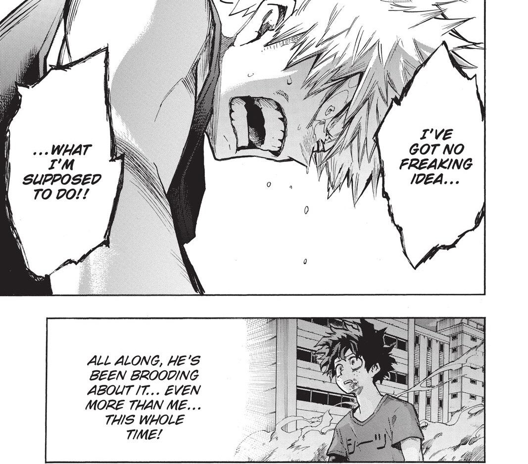 while katsuki is experiencing that, izuku’s also having his world shift, as well. you know that troubling moment many younger siblings have when they come to realize that their older sibling is not perfect and that maybe they’ve surpassed them? how disorienting that is? yup!