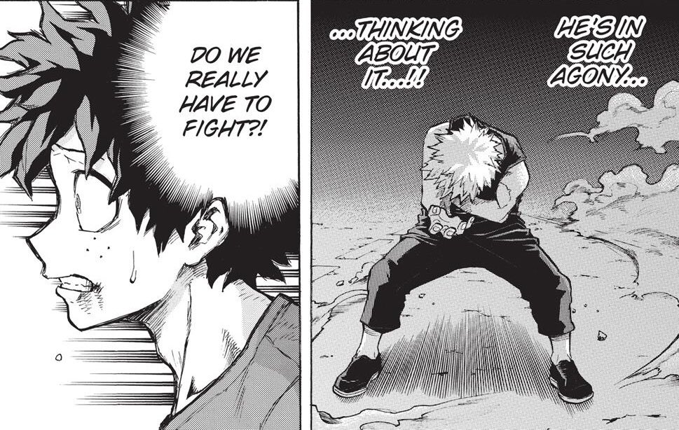 while katsuki is experiencing that, izuku’s also having his world shift, as well. you know that troubling moment many younger siblings have when they come to realize that their older sibling is not perfect and that maybe they’ve surpassed them? how disorienting that is? yup!