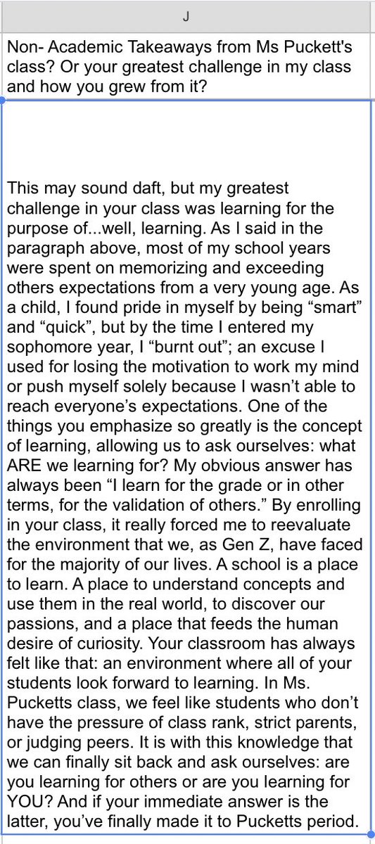 AggiePuckett's tweet photo. Writing letters of recommendation— I came up with a google form for kids to fill out — reading their responses to their “non-academic takeaways” or greatest challenge in my class... reading them has me 😭 #learnwithjoy #mentalhealthmatters #pandemicteacher #bridgelandbest https://t.co/DJpIG8LjoI