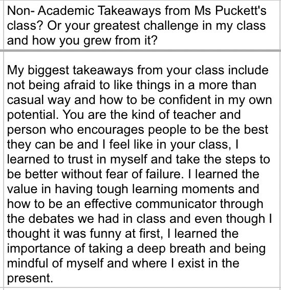 AggiePuckett's tweet photo. Writing letters of recommendation— I came up with a google form for kids to fill out — reading their responses to their “non-academic takeaways” or greatest challenge in my class... reading them has me 😭 #learnwithjoy #mentalhealthmatters #pandemicteacher #bridgelandbest https://t.co/DJpIG8LjoI
