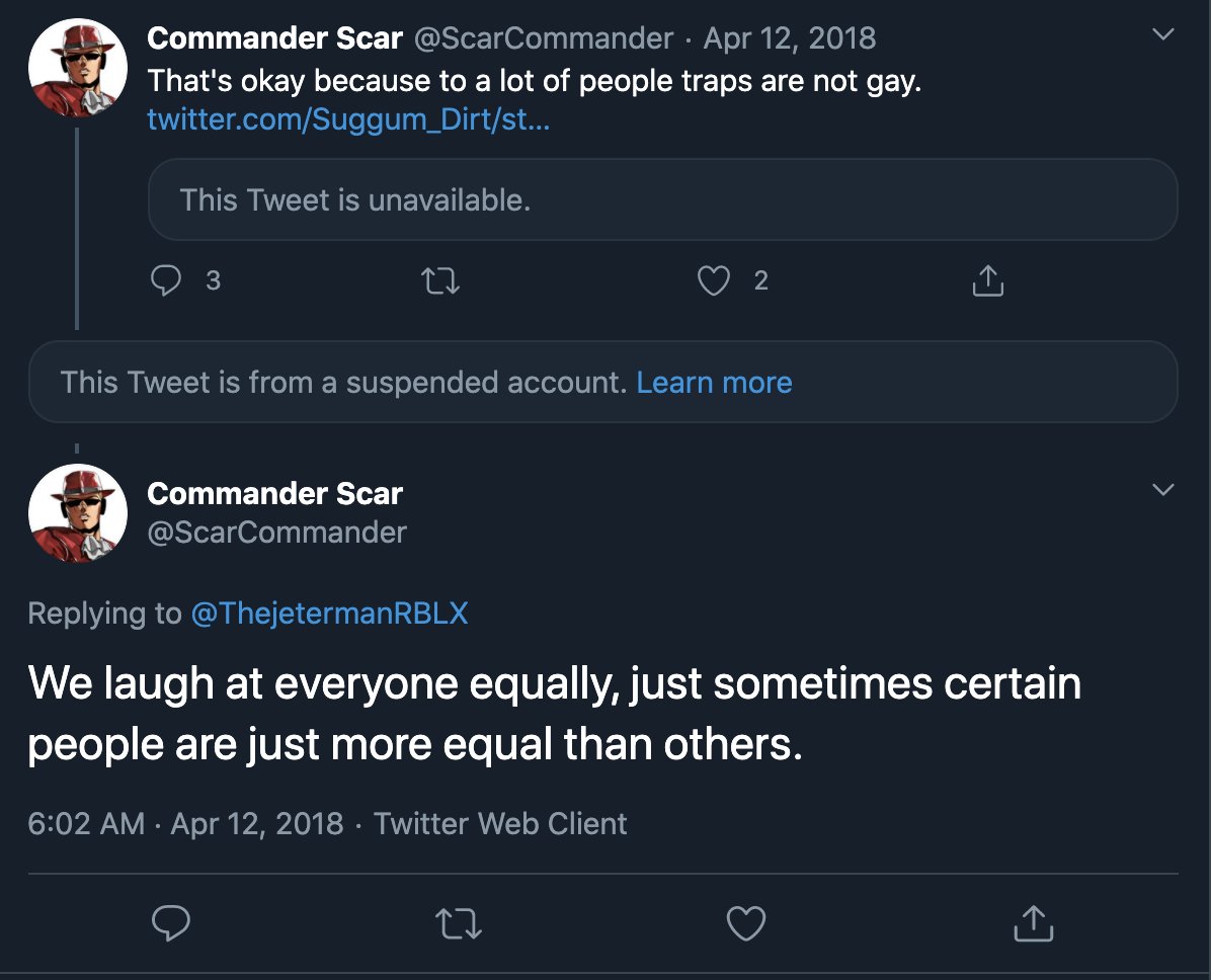 This tweet was about Commander making fun of someone for crossdressing on Roblox, which was none of his business, then states "certain people are just more equal than others" to justify his 12 year old behavior.