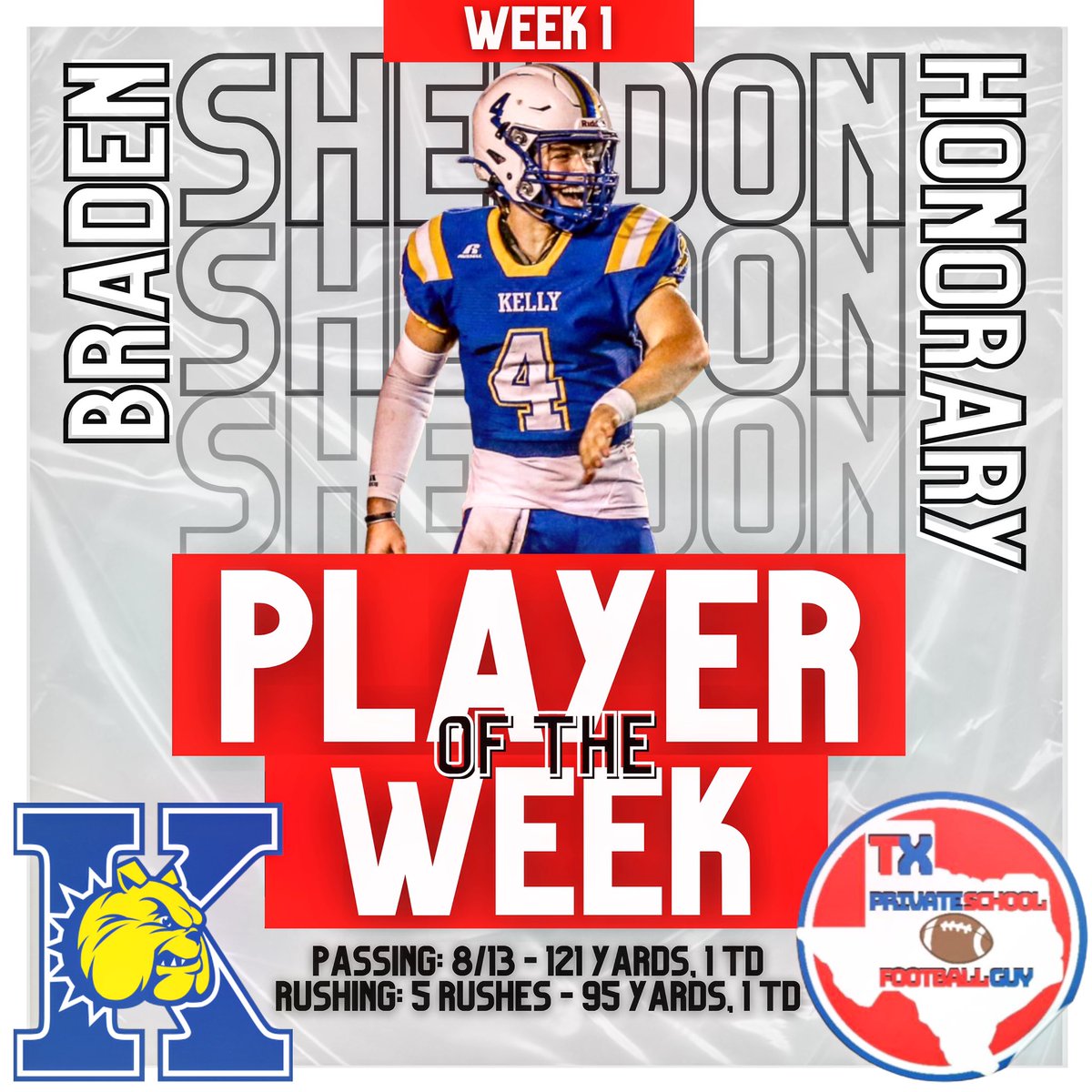 TXPrivateFBGuy's tweet photo. We have one more player of the week! 2021 Beaumont Kelly QB, Braden Sheldon, suffered a season ending injury. Before being carted of the field, Braden produced some nice stats! @BradenSheldon32 , your private school football community is behind you! Get well soon! https://t.co/5VVUIvzx5z