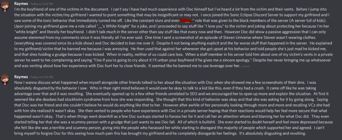 Oh look! Racism too! Am I surprised? Nah, not really. Commander and his buddy give off strong "white knight" incel vibes. Here's the boyfriend of one of their victims speaking out on his experience with Commander and Jeter, AKA Roctor, the owner of the Sonic group.