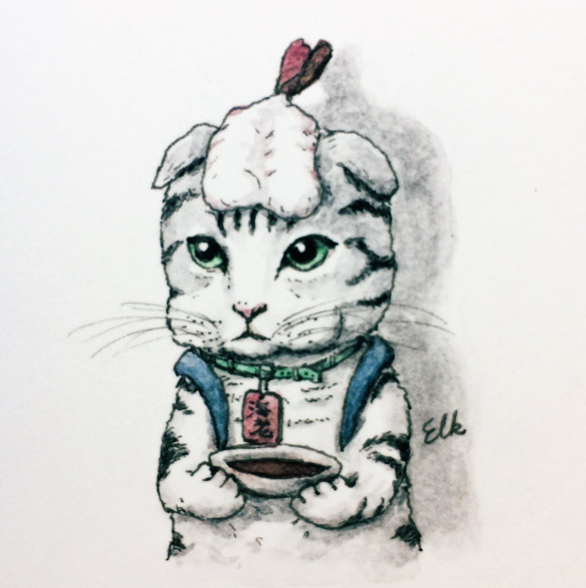 「『寿司猫(エビはどこいった)』?
#イラスト  #水彩  #過去絵 」|エルクポットの動物群像絵🐾のイラスト
