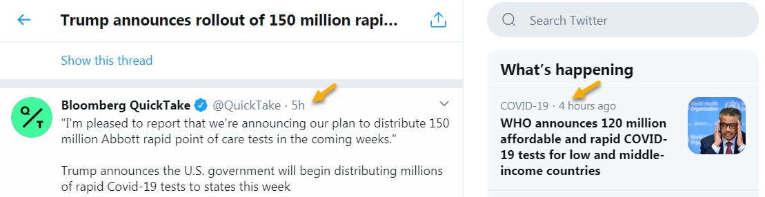 SamanthaLaDuc's tweet photo. Curious timing:

A full 8 months into a pandemic he ignored vehemently, Trump announces 100M 15-minute COVID test kits getting distributed "to states" then bumps to 150M 1 hr later (as if they don't know what they have) at the same time WHO announces 120M tests deployed. 🧙‍♀️🪄 https://t.co/TtfKVG5kqo