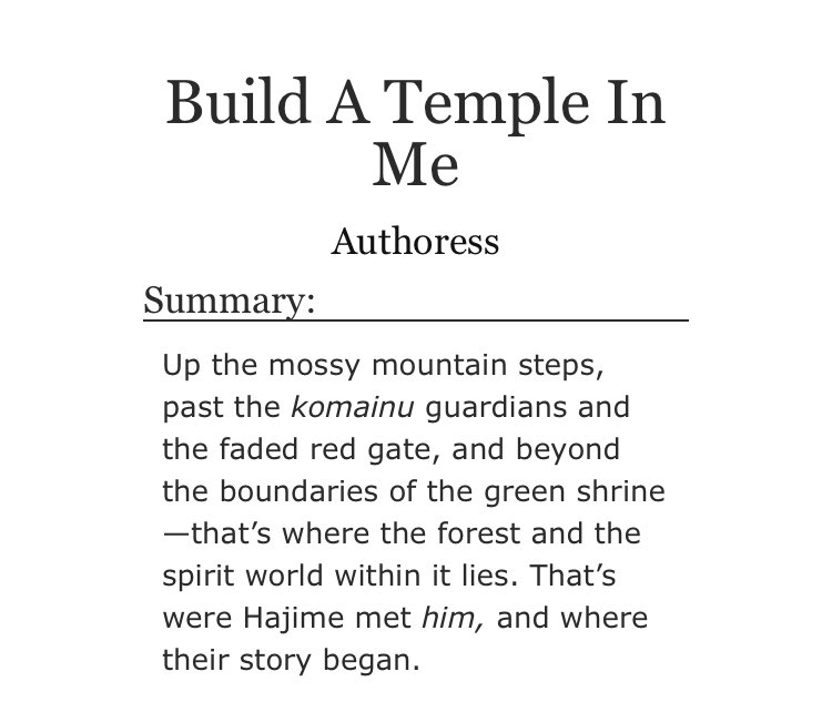 - build a temple in me is the iconic ghibli inspired iwaoi fic - Dragon Spirit Oikawa (inspired by Haku) is the god of the mountains - this really gives me mushishi and princess mononoke vibes and it reads like a movie it’s so gorgeous  https://archiveofourown.org/works/3716002 