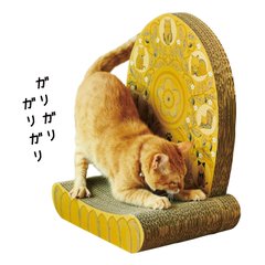 「猫はわが家のご本尊?

仏像の光背をヒントに開発した猫用つめとぎ、現在ご予約受付」|フェリシモ「猫部」のイラスト