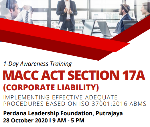 Join our MACC Act Section 17A: A Training Event on 28th October 2020, brought to you by <a href="/plfperdana/">Perdana Foundation</a> and <a href="/TI_Malaysia/">Transparency International Malaysia (TI-M)</a>. More info at bit.ly/plftim2020