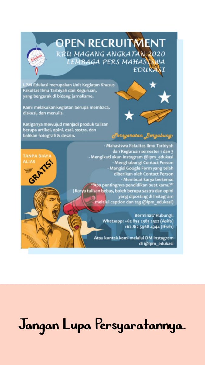 Kurang beberapa hari lagi nih.
Open recruitment Edukasi akan segera ditutup ya Gen..
Jangan lupa juga ya untuk melengkapi persyaratannya.
________

lpmedukasi.com