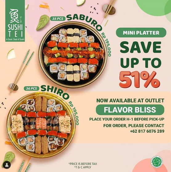 Sushi Tei Mini Platter is now available for you in Saburo (35 Pcs) and Shiro (36 Pcs) Available only at <a href="/Sushi_Tei_Indo/">Sushi Tei Indonesia</a> <a href="/flavorbliss/">flavor bliss</a> ! Order now, Blissers! #flavorbliss #alamsutera #sushi #sushitei #food #foodie #makan #eat #hungry