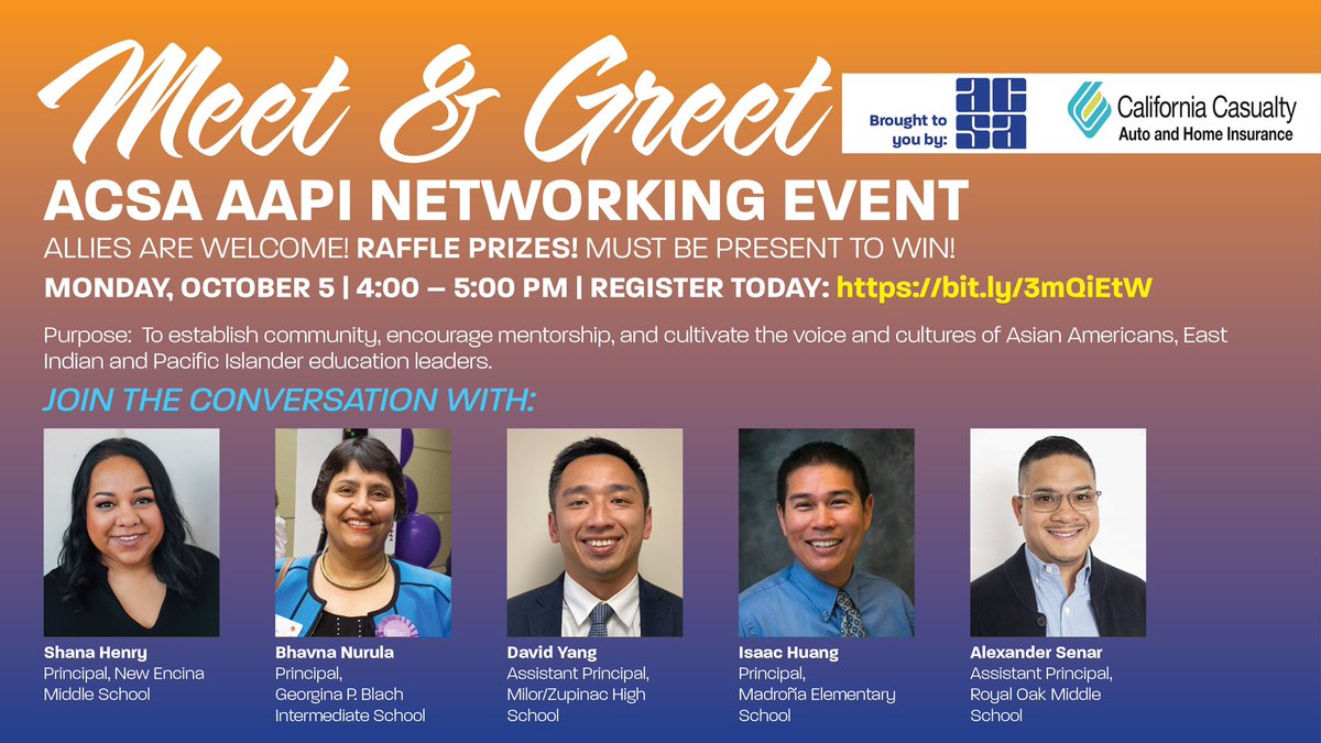 Asian American, East Indian, &amp; Pacific Islanders school leaders - Who are they? Where are they? Join us for a fun meet &amp; greet and a chance to win some raffles! Monday, Oct 5th, 4-5pm. RSVP here: bit.ly/3mQiEtW