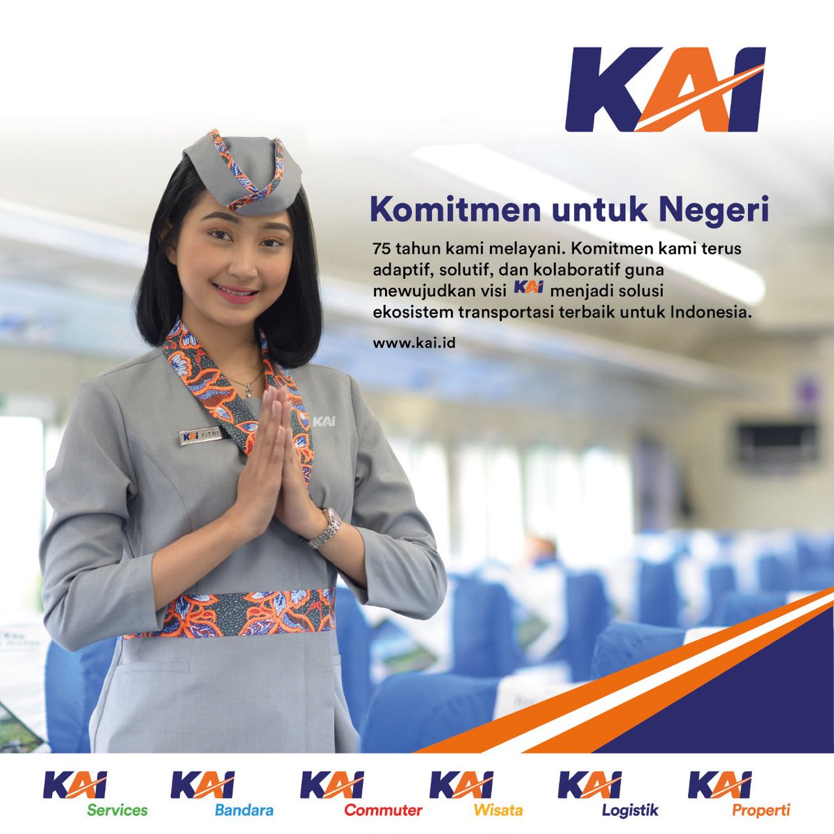 keretaapikita's tweet photo. Komitmen Untuk Negeri

Kami akan terus berkomitmen untuk adaptif, solutif, dan kolaboratif dalam mewujudkan visi KAI menjadi solusi ekosistem transportasi terbaik untuk Indonesia.

#LogoBaruKAI #75KAI #75TahunKAI #75TahunKAIMelayani https://t.co/DZNavWbmDb