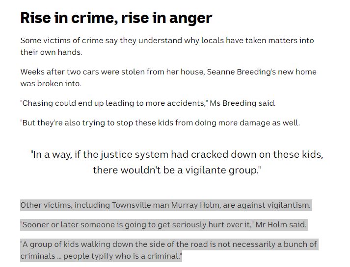 Okay, so now we have at least a third version of the article. The "patriot" hasn't returned, but we have extra lines from the Griffith University report and (most interestingly) a whole new person - a fresh crime victim *against* vigilantism. Why wasn't he there to begin with?