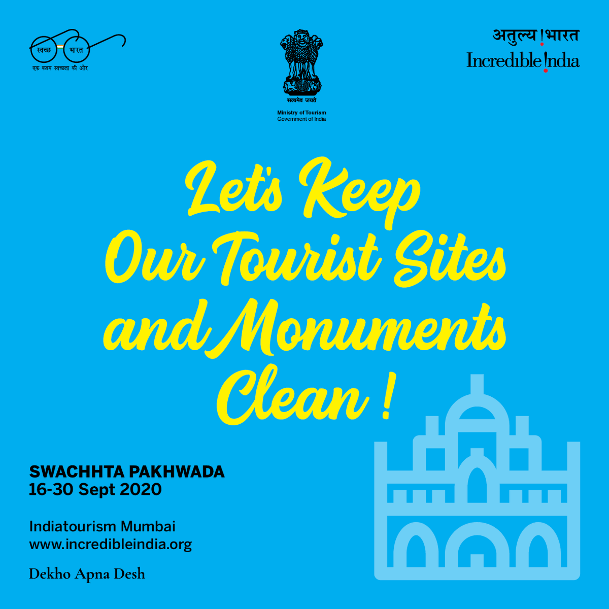 tourismgoi's tweet photo. India Tourism is organizing #swacchtapakhwada focused to #keepmonumentsclean from 16 to 30 Sept. Let us pledge to ensure #cleantouristsites and keep our rich tradition and heritage clean.
#swacchbharat #incredibleindia
@prahladspatel @pspoffice @SwachhBharatGov @IndiatourismM https://t.co/t1VYcbfkda