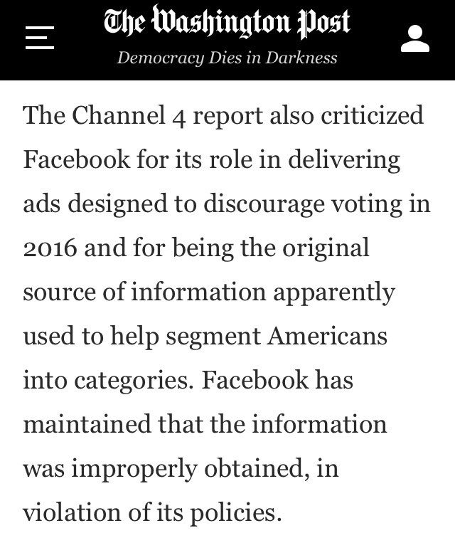 It wasn’t simply “improperly obtained.” The Facebook personal data was laundered by selling it through a middleman, Facebook knew this and covered it up for multiple years, even hiring on Facebook staff one of the co-equal partners and then paying $5B partly to avoid depositions.