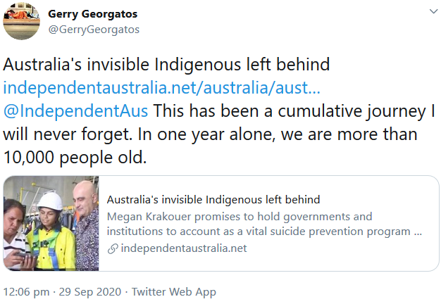 WgarNews's tweet photo. @3wombats @JacyntaKrakouer @MeganKrakouer @GerryGeorgatos @lynlinking @xskinn @01000011CS @WhteRbbnAdvocat @JonesHowdareyou @BakchosGlass @RachelQuayle08 #IAauthor #MeganKrakouer @MeganKrakouer #IAarticle: #Australia's #invisibleIndigenousLeftBehind "a Vital #SuicidePrevention Prog Remains Unfunded" Picture #18yoHarmony a @NspTrp #NSPTRP #SuccessStory via @IndependentAus #IndependentAus ft #GerryGeorgatos https://t.co/cz9rASAndL https://t.co/QjF9oyGonN