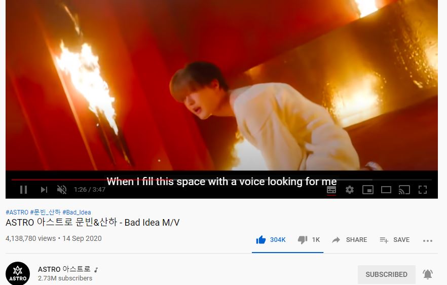 [#문빈_산하] 📈200929 1:45 PM KST ‘#BadIdea’ M/V Official Channel: 4,138,780 views (🔺503) 🔗youtu.be/K0oSaCS0_98 1theK: 556,403 views (🔺75) 🔗youtu.be/CeOGfPANy44 Naver TV: 76,158 views (🔺2) 🔗tv.naver.com/v/15760039 #IN_OUT #배드아이디어 #아스트로 #ASTRO