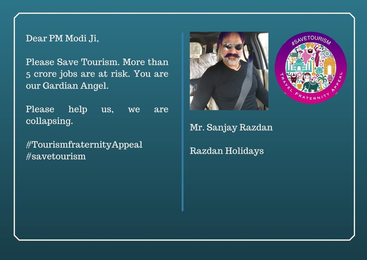 SanjayRazdan13's tweet photo. #savetourism 
@narendramodi 
@PMOIndia 
@tourismgoi 
@FinMinIndia https://t.co/XqEjXVKLP4
