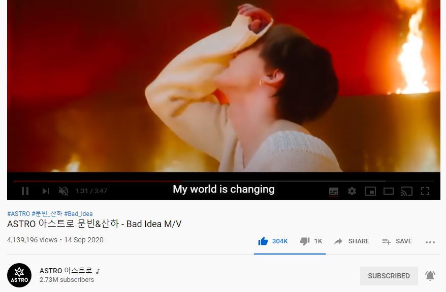 [#문빈_산하] 📈200929 2:00 PM KST ‘#BadIdea’ M/V Official Channel: 4,139,196 views (🔺416) 🔗youtu.be/K0oSaCS0_98 1theK: 556,475 views (🔺72) 🔗youtu.be/CeOGfPANy44 Naver TV: 76,159 views (🔺1) 🔗tv.naver.com/v/15760039 #IN_OUT #배드아이디어 #아스트로 #Astro