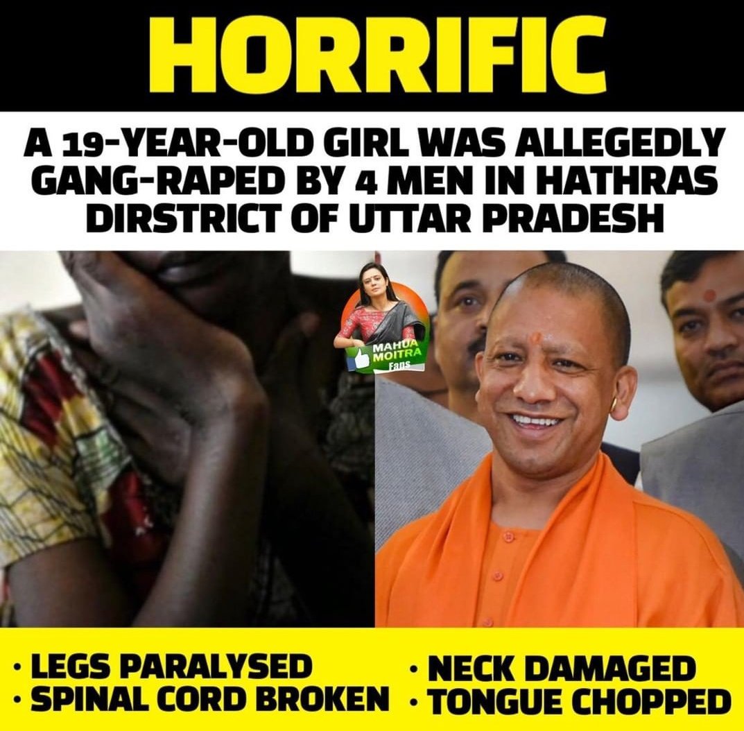 Nitinarya009's tweet photo. #JusticeForManishaValmiki 
No media is covering this bcz it's from BJP ruled state. A 19-year-old girl was brutally gang-raped in UP Hathras by 4 Rapists. Her tongue was cut off. Her spinal cord and neck were damaged.
Please, This tym hangout all rapists in tym #YogiAdityanath https://t.co/Yn0jxgMWrO