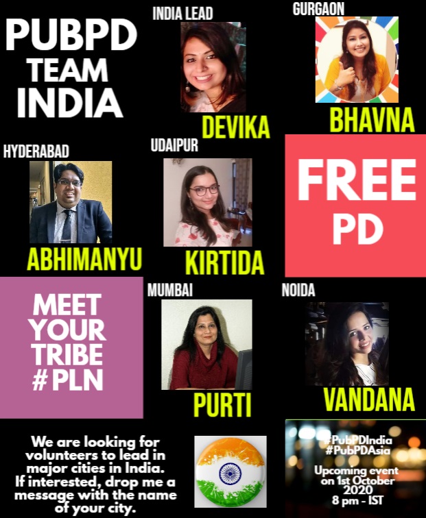 devikadatta15's tweet image. Folks in India! Looking forward for you to join us on 1st October. 8 pm IST.PLease fill the Google Form below &amp;amp; you are all set. Please tag people! 
forms.gle/YVFKbkECdCrFfq… 
#PubPDIndia
@kirtidakale @abhimanyudg77 @vandysays @MathewBhavna @dhatravada @Shailjajdatt @Kapoor_Divya_