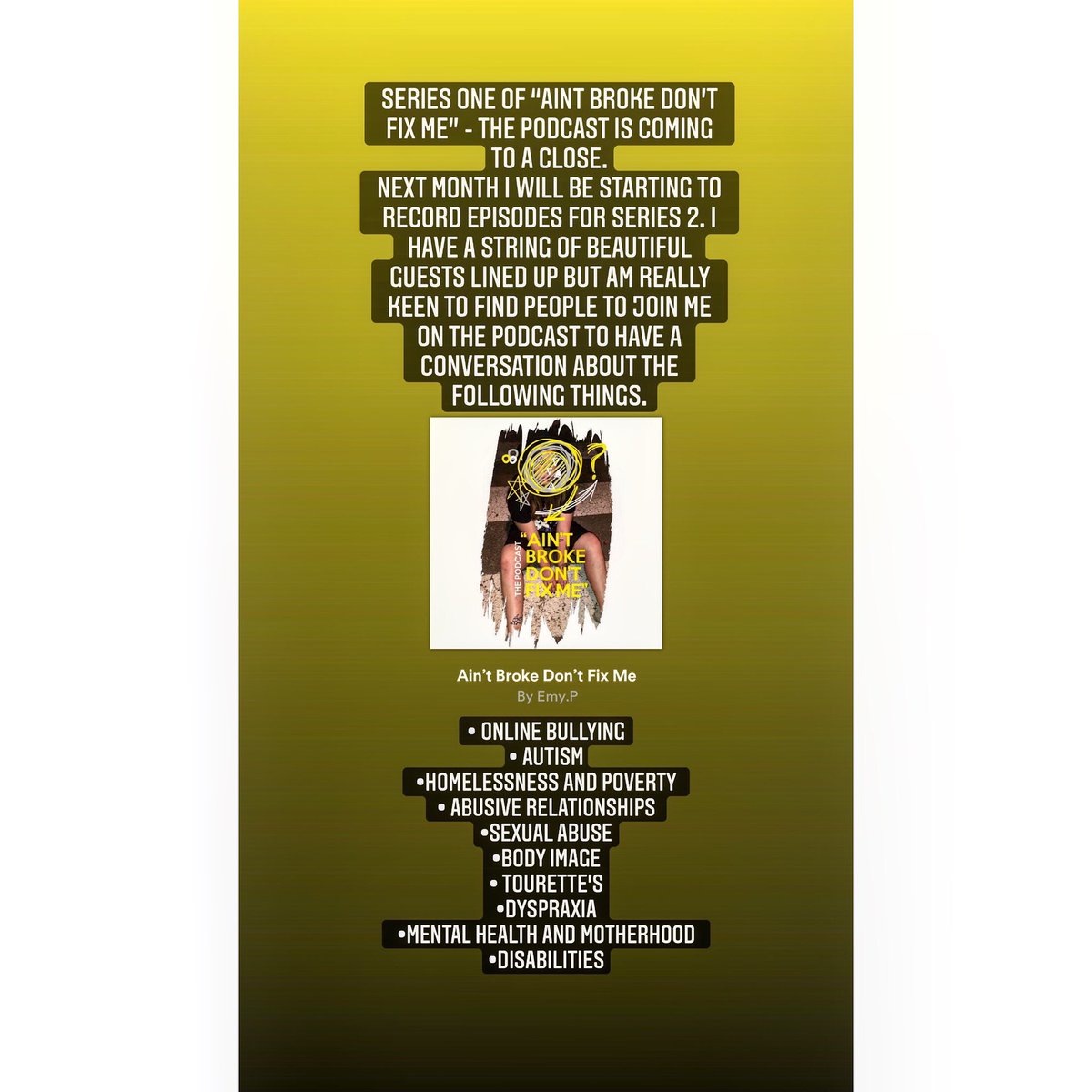 Series one of “Ain’t Broke Don’t Fix Me” The Podcast is coming to a close. Recording for Series 2 starts in a few weeks time. 

Looking for guests for series two, check the picture below and drop me a message! #podcaster #aintbrokedontfixme #emyp #spotify #itunes