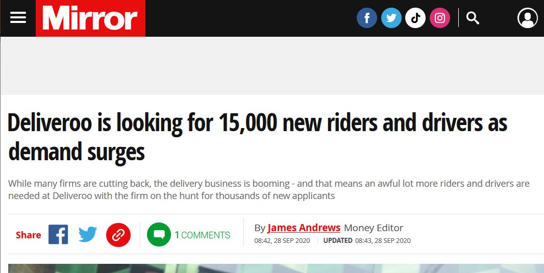 I'm not in the habit of criticising journalists, but this is embarrassing. Nominally left-wing publication  @DailyMirror uncritically running  @Deliveroo propaganda & thus helping the company slash rider wages. All of Shu's assertions are presented as fact, with no opposing opinion