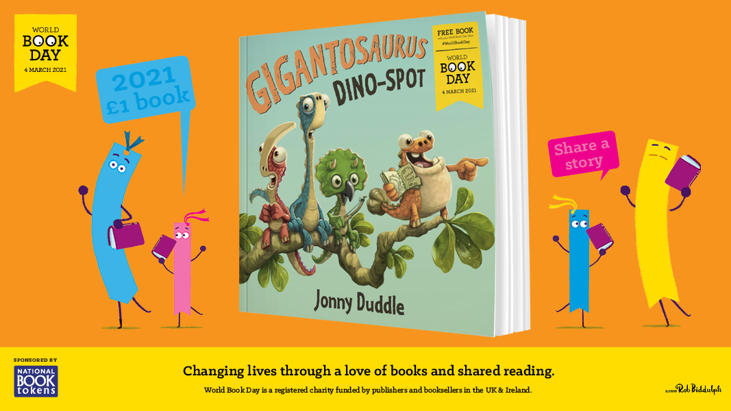 Our primary offering kicks off with some dinosaur spotting! The brilliant  @JonnyDuddleDum brings us Gigantosaurus: Dino-Spot, a brand new £1 book title:  http://www.worldbookday.com/book/gigantosaurus/  #WorldBookDay