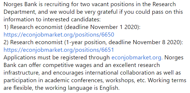 Alessia_metrics's tweet photo. 📢.@NorgesBank is hiring!
1) Research economist (deadline November 1 2020): https://t.co/4GiTFgrQDU
2) Research economist (1-year position, deadline November 8 2020): https://t.co/MFERADOdWX

#EconTwitter #Econometrics #WomenInMacroeconomics #WomenWhoCode #PhDLife #CentralBanks https://t.co/au9ZQZLoYY